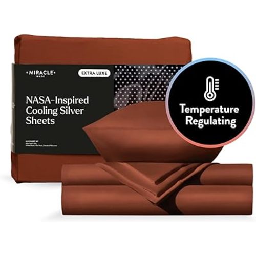 Miracle Made Newly Improved Extra Luxe Cool IT True Grip Fitted Cooling Bed Sheets - Terracotta, King Size - 4-Piece Silver Infused 300 Thread Count King Bed Sheets