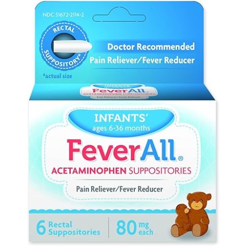 Feverall Infant Acetaminophen Suppositories 6 Rectal Suppositories 80mg Each Pain Reliever/Fever Reducer. Paraben Free, No Artificial Colors or Other preservatives. Ages 6-36 Months (Pack of 2)