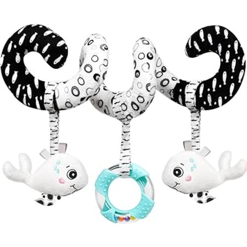 Baby Spiral Hanging Stroller and Car Seat Toys Black and White High Contrast Sensory Toy Newborn Plush Activity Toys Thank You Gifts for 0 3 6 9 12 Months Girls Boys-Whale