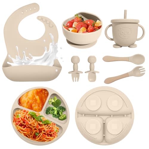 Baby Led Weaning Supplies, 8 Piece BPA-Free Silicone Feeding Set, Silicone Suction Bowl, Forks & Spoons, Bib & Cup, Develops Self Feeding Skills, Dishwasher Safe, for 6+ Months (Beige)