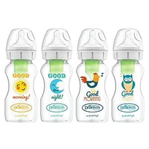 Dr. Brown’s Natural Flow® Anti-Colic Options+™ Wide Baby Bottles, 9 oz/270ml, with Level 1 Slow Flow Nipple, 4 Pack Good Morning/Good Night Gift Set