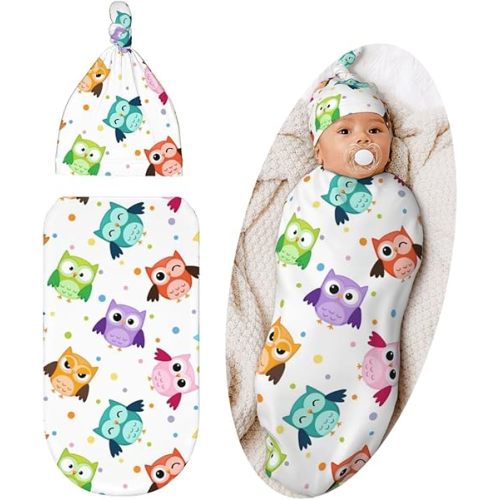 Cute Owls Baby Stuff Swaddle Blanket Set with Beanie Hat, Soft Newborn Sleeping Sack Receiving Blanket Shower Gift for Boys and Girls