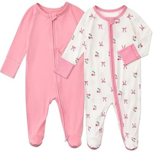 Baby Footed Coverall Pajamas with Mittens Rayon from Bamboo 2pcs Newborn Infant 2-way Zipper Outfit (Pink Cherry Bow, 3-6m)