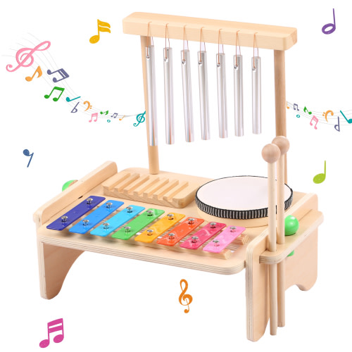 Dcenta Toddler Drum Set, Montessori Musical Toys for Toddlers, 6 in 1 Wooden Percussion Musical Instruments Toys Birthday Gifts for Kids Boys Girls