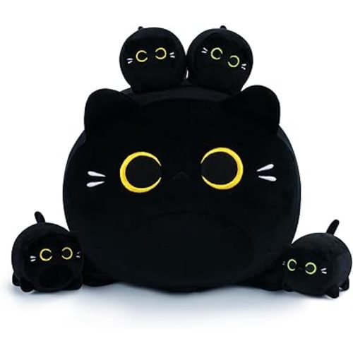 5 PCS Black Cat Plush Toys- Black Cat Plush Stuffed Animal Family, Cute Black Cat Mommy Cat with 4 Baby Kittens Cat Plushies for Kids, Kawaii Cat Plush Toy Birthday Gifts for Kids Boys Girls