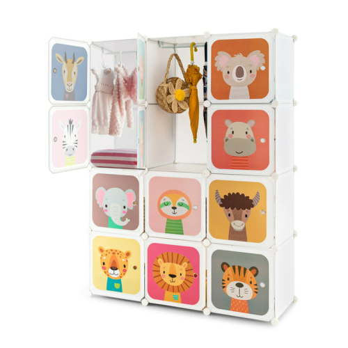 Costway 12-Cube Kids Wardrobe Baby Dresser Bedroom Armoire Clothes Hanging Closet with Door