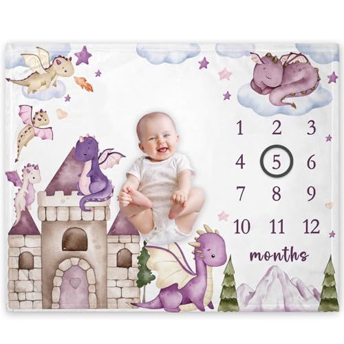Yuzioey Dragon Girl Milestone Blanket, Dragon Fairy Tale Baby Growth Chart Monthly Blanket, Watch Me Grow Purple Dragon Baby Nursery for New Moms Baby Shower(50"x40")