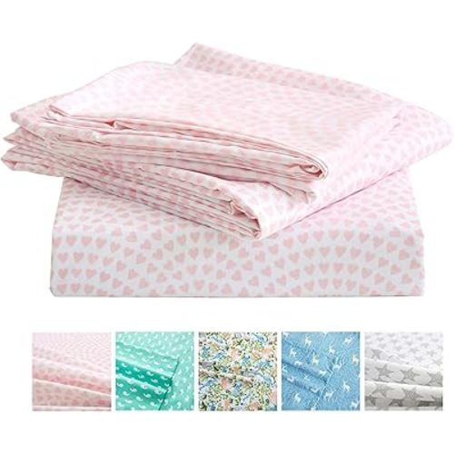 Vonty Kids Bed Sheets Full Pink Heart Printed Sheets for Girls, Soft Lightweight Microfiber Easy Wash Bedding Set (1 Fitted Sheet + 1 Flat Sheet + 2 Pillowcase)