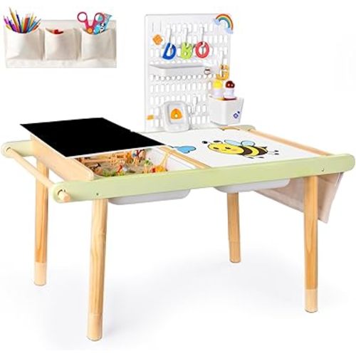 LOL-Fun Kids Sensory Table with Storage Bins and Pegboard Kit, Toddlers Activity Table for Preschool Sand and Water Play, Drawing Desk with Blackboard Whiteboard