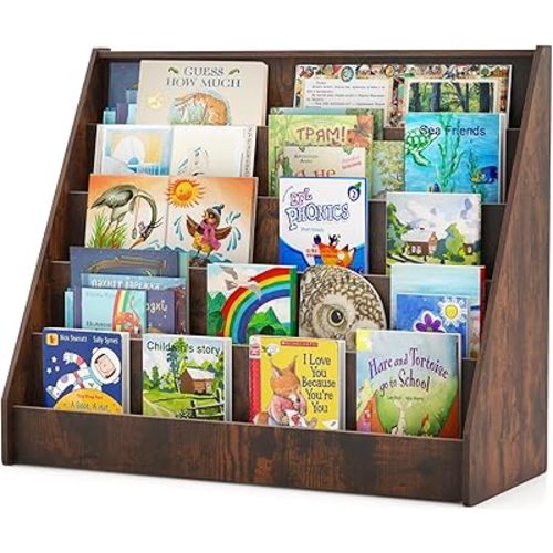 Costzon 5-Tier Kids Bookshelf, Wooden Children Bookcase, Toddler Book Rack, Magazine Storage & Display Shelf, Book Shelf for Kids Room, Living Room, Nursery, Classroom (Brown)