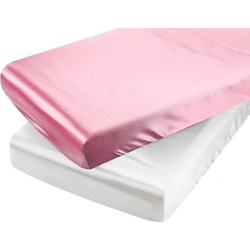 Satin Pack n Play Sheet Set 2 Pack Ultra Soft Silk Fitted Mini Crib Sheets Playard Sheet Protect for Baby Hair and Skin, Pink & White