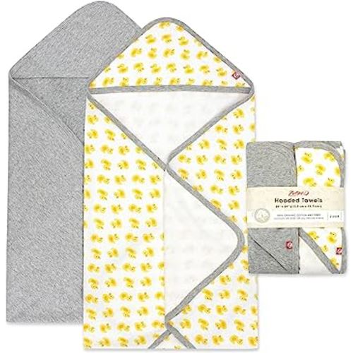 Zutano Hooded Baby Towels, Organic Cotton Baby Bath Towel, Ultra Soft and Absorbent Baby Towel for Newborn and Infant | Girl, Boy, and Unisex Towel Set, Rubber Duckies, 2-Pack
