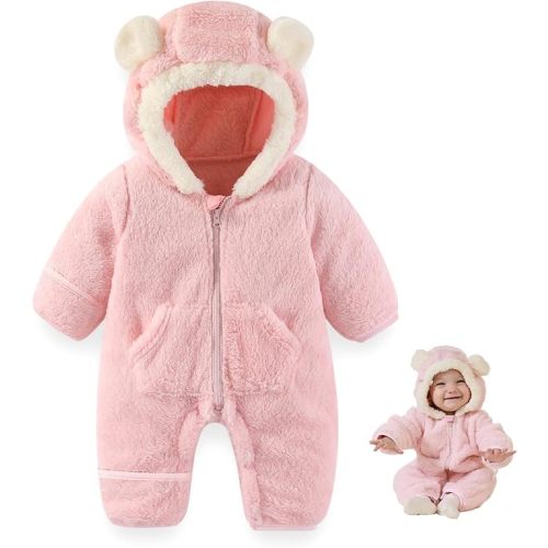 Newborn Baby Bear Outfit Suit With Fold-Over Mittens Footies Girls Boys Winter Fleece Clothes Hooded Romper Snowsuit