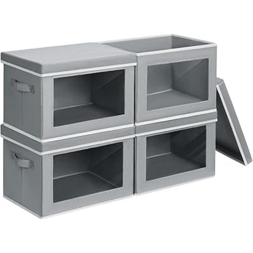 Storage Bins with Lids - Fabric Storage Bins with Handles, Foldable Closet Organizers and Storage, Storage Boxes with Window for Closet, Clothes, Towels (Grey, Set of 4)