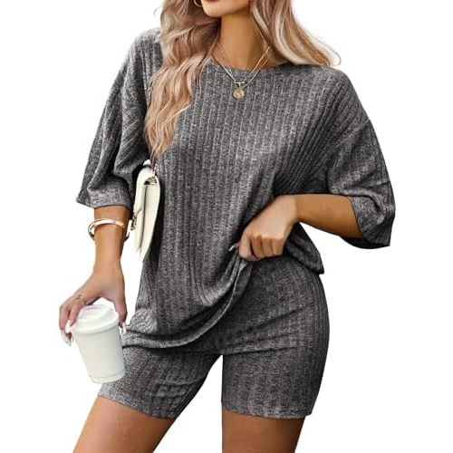 IN'VOLAND Women's Plus Size 2 Piece Tracksuit Outfits Sets Ribbed Knit Sets Short Sleeve Top Drawstring Casual Shorts Set