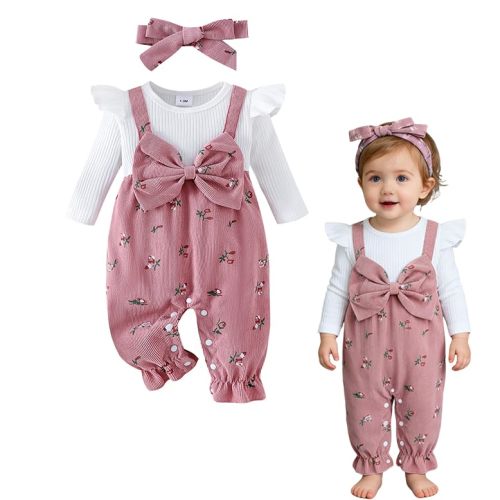 Fufuriprefer Infant Baby Girl Fall Clothes Ruffle Floral Romper Corduroy Jumpsuit Headband Newborn Winter One Piece Outfit