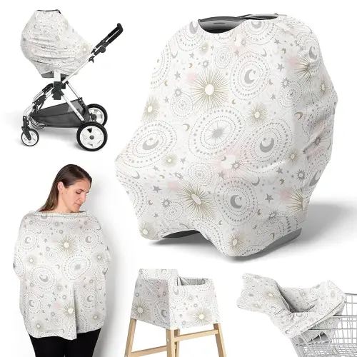 Sweet Jojo Designs Star and Moon Girl Infant Baby Car Seat Cover Nursing Breastfeeding Shopping Cart Stroller Canopy - Blush Pink Gold and Grey Celestial Sky Stars Shabby Chic