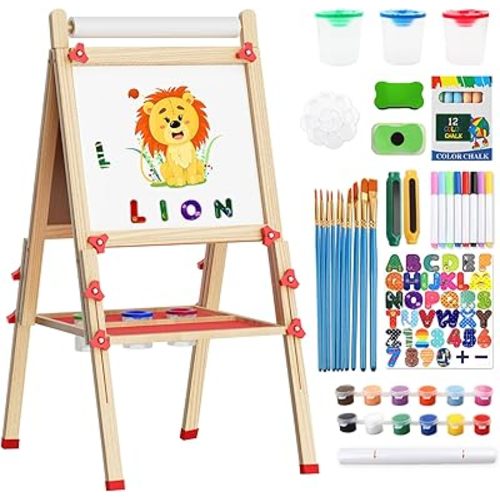 Easel for Kids Including 100+ Accessories, Double Sided Wooden Art Easel with White Board, Magnetic Drawing Board & Paper Roll, Height Adjustable Standing Easel for Ages 3-12