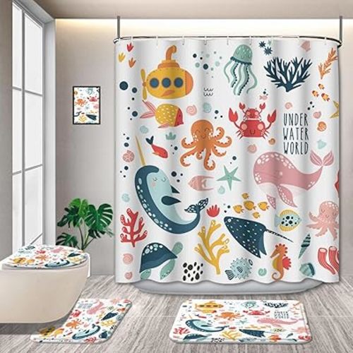 4 Pcs Kids Ocean Shower Curtain Sets with Non-Slip Rugs, Cute Cartoon Whale Funny Bathroom Decor for Nursery Baby Boys Girls Underwater Coastal Submarine Fish Animal Bath Curtain 72 * 72in