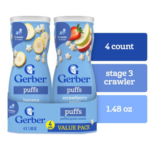 Gerber Stage 3 Baby Food Snacks, Banana and Apple Strawberry Variety Pack, 1.48 oz Canister (4 Pack)