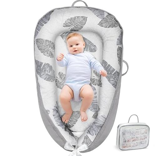 Baby Lounger - Baby Lounger For Newborn, Breathable & Soft Baby Nest Cover Co Sleeping for baby 0-24 Months, Babies Essentials Gifts, Portable Infant Lounger Baby Floor Seat for Home and Travel - Grey Feather