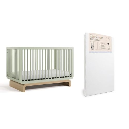 Storkcraft Santorini Convertible Crib with Toddler Guardrail (Sage & Driftwood) – GREENGUARD Gold Certified, Toddler Bed Conversion Kit Included, 100% Solid Wood, Fits Standard Crib Mattress