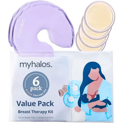MyHalos® Breast Therapy Pack - 2 Hot Cold Breast Therapy Packs & 4 Hydrogel Nipple Pads for Breastfeeding - Breast Heating Pad Relief - Breast Ice Packs for Engorgement & Nipple Gel Soothing Pads