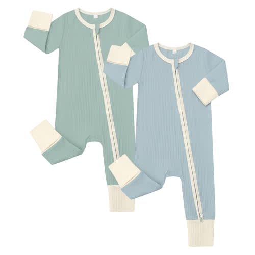 Bafeicao Baby Boy Girl 2 Pack Rompers with Mitten Cuffs, Ribbed Cotton 2 Way Zipper Romper One Piece Jumpsuits Clothes