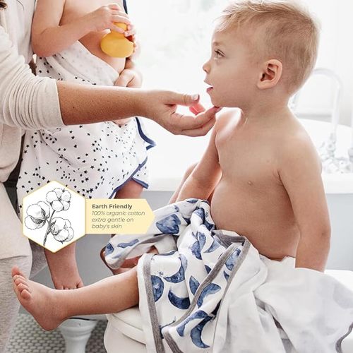 Burts Bees Baby Infant Hooded Towels Hello Moon! Organic Cotton, Unisex Bath Essentials and Newborn Necessities, Soft Nursery Towel with Hood Set, 2-Pack Size 29 x 29 Inch
