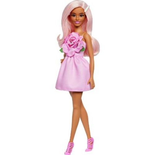 Barbie Fashionistas Doll #238 in Strapless Rose Dress, Pink Hair with Barrette Accessory
