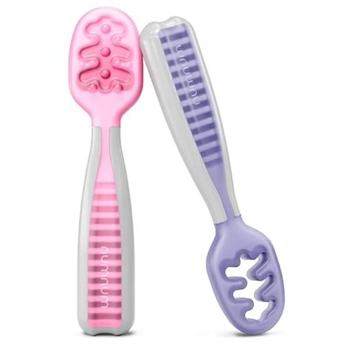 NumNum Baby Spoons Set, Baby Essentials Pre-Spoon GOOtensils for 6+ Months, First Stage Self-Feeding Spoons for Baby Led Weaning (BLW), Silicone Toddler Utensils, BPA-Free, 2 Pack Frosty Lilac/Rosebud