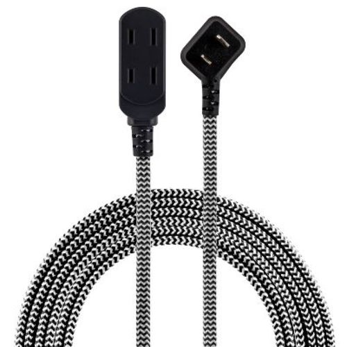 GE 3-Outlet Polarized Extension Cord 15' Braided Black/Gray: Indoor Flat Long Extention Cord, 16 AWG, 13 Amps