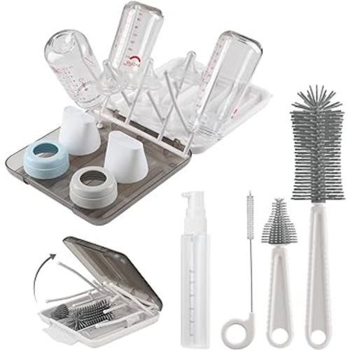 Baby Bottle Brush,6 in 1 Bottle Cleaner Brush Kit with Extendable Silicone Bottle Brush,Drying Rack,Nipple Brush,Straw Brush,Soap Dispenser & Organizer Case,Ideal Gifts for Babies& Moms-White