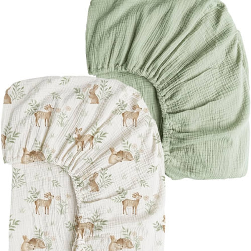 Konssy Muslin Crib Sheets 2 PCS, 100% Cotton Baby Crib Sheets for Standard Crib Mattress (28"x 52"), Soft and Breathable for Boys, Girls (Woodland,Sage)