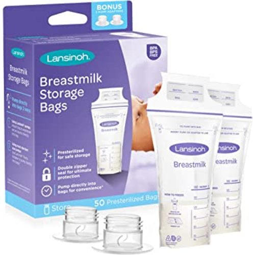 Lansinoh Breastmilk Storage Bags, 50 Count with 2 Pump Adapters, Easy to Use Breast Milk Storage Bags for Feeding, Presterilized, Hygienically Doubled-Sealed for Freezing & Refrigeration, 6 Ounce