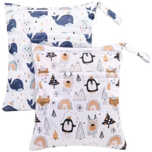 Coumy 2 Packs Wet Dry Bags,Waterproof Wet Laundry Bag Cloth Diaper Bags Nappy Bags with 2 Zipper Pockets,Wet Bag for Swimming Baby Diaper Organizer for Swimming Gym Pool Beach(Blue+Orange)