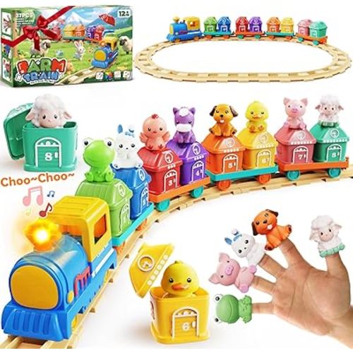 Train Set for Toddlers 2-4, Toddler Toys for 1 2 3 Year Old Boy Girl, Electric Train Set with Music, Light, Tracks, 8 Animals & 8 Barns, Learning Toy for 1 2 3 Year Old, Birthday Gift for Boy Girl