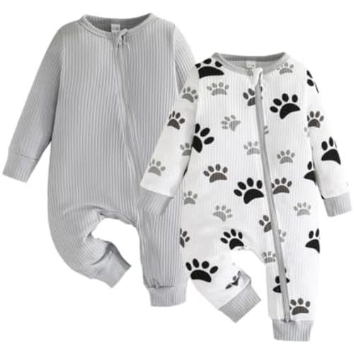Bafeicao Unisex Baby Boy Girl 2 Pack Rompers Long Sleeve Two Way Zipper Romper One Piece Jumpsuits Clothes Sets