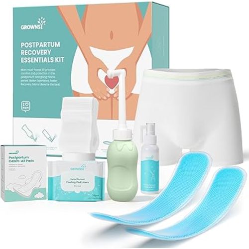 Grownsy 15pc Postpartum Essentials Recovery Kit | Postpartum Kit for Women | Includes 5 Postpartum Pads, 5 Disposable Underwear, 2 Ice Packs, Peri Bottle, Perineal Spray & 28 Cooling Pad Liners