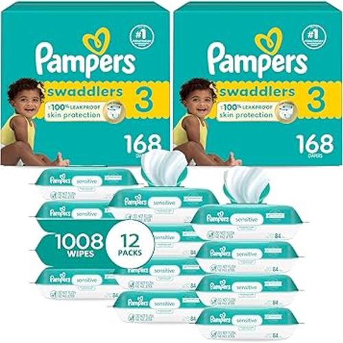 Pampers Swaddlers Disposable Baby Diapers Size 3, 2 Month Supply (2 x 168 Count) with Sensitive Water Based Baby Wipes 12X Multi Pack Pop-Top and Refill (1008 Count)