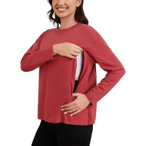 Ecavus Women’s Zip Maternity Nursing Tops for Breastfeeding Long Sleeves Casual Nursing Shirts Pregnancy Mama Clothes