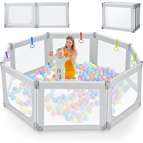 Kidirect Foldable Baby Playpen, 71"×69" Large Baby Playpen, Baby Play Pen with Upgrade Safety Gate, Playpen for Babies and Toddlers Ajustable Shape &Size, Indoor &Outdoor Portable Baby Play Yard, Grey