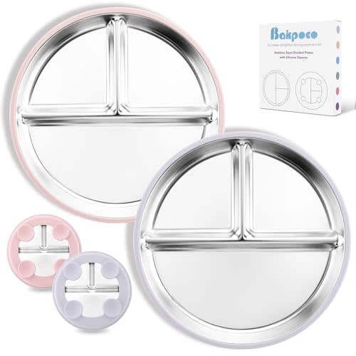 Bakpoco Stainless Steel Baby Plate with Suction, 9” Divided Toddler Plates with Removable Silicone Sleeves for Kids, Non-Toxic Non-Slip Unbreakable Dishwasher Safe Dinnerware Set of 2, Pink & Lilac