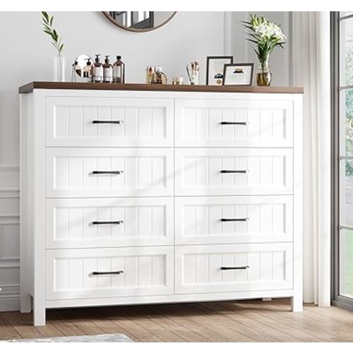 Elegant Farmhouse 8 Drawer Dresser for Bedroom - Large Wooden Double Dressers with Deep Drawers Dressers for Hallway, or Entryway - White & Brown