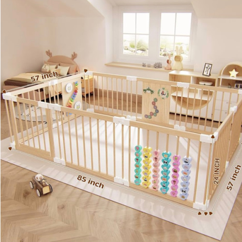 YZNVCG Baby Playpen - Adjustable Multi-Shape Wooden Play Yard, Portable Collapsible Activity Center with Baby Fence Play Area & Toys for Infants, Toddlers (57x85x24inch