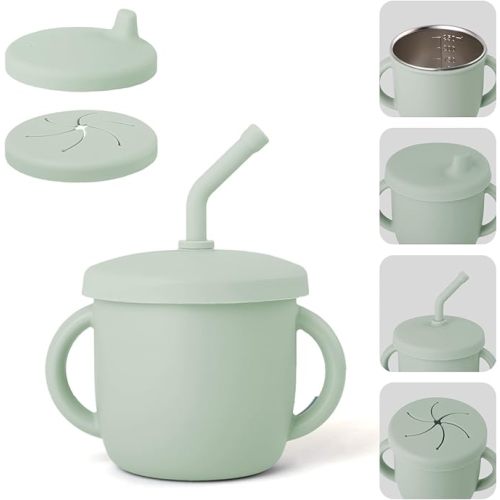 Bakpoco 4-in-1 Stainless Steel Silicone Sippy Cup, 8.5oz Toddler Open Cup with Straw, Sippy & Snack Lids, For Baby Led Weaning, Toddlers 1-3 Years Trainning Kids Drinking, Dishwasher Safe, Sage