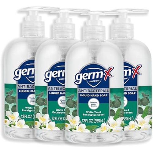 Germ-X Antibacterial Hand Soap, Moisturizing Liquid Hand Wash for Kitchen or Bathroom, pH Balanced & Dermatologist Tested, White Tea & Eucalyptus, 12 oz Pump Bottle (Pack of 4)