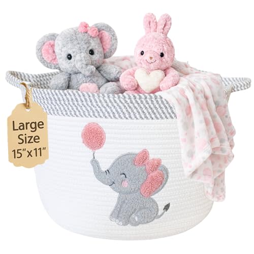 Elephant Baby Storage Basket for Girls, Cotton Rope Nursery Bin, 15x11 in | Stuffed Animal and Blanket Storage, Soft Felt Elephant Patch, Pink Baby Room Decor, Shower Gift, Kids Playroom Organizer