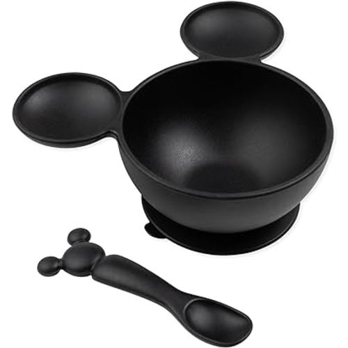 Bumkins Disney Mickey Mouse Bowl, Silicone First Feeding Set with Suction, Includes Spoon, Training Essentials for Baby-Led Weaning, Toddler Self-Feeding, Babies Eating at 4 Mos Up, Black
