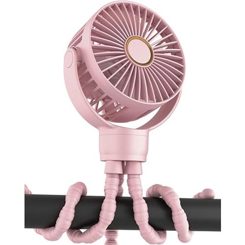 Portable Stroller Mini Fan, Small Rechargeable Personal Cooler w/ 360° Rotation, 3-Speed, Battery Powered Stroller Accessories, Baby Essentials for Car Seat, Crib, Bike, Treadmill, Light Pink